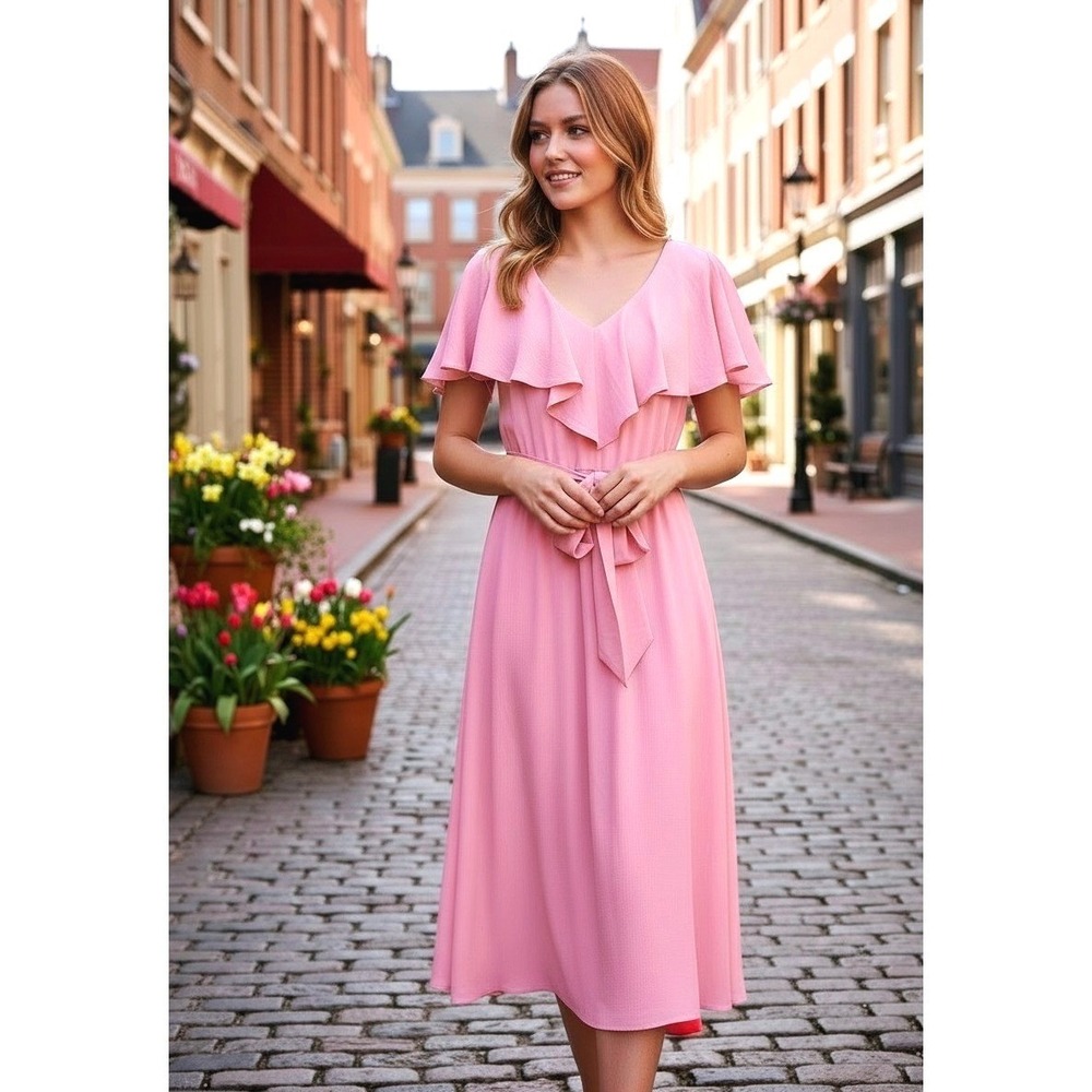 Lauren Ralph Lauren Pink Spring Ruffle Midi Dress Womens 8 NEW V-Neck Tie Waist